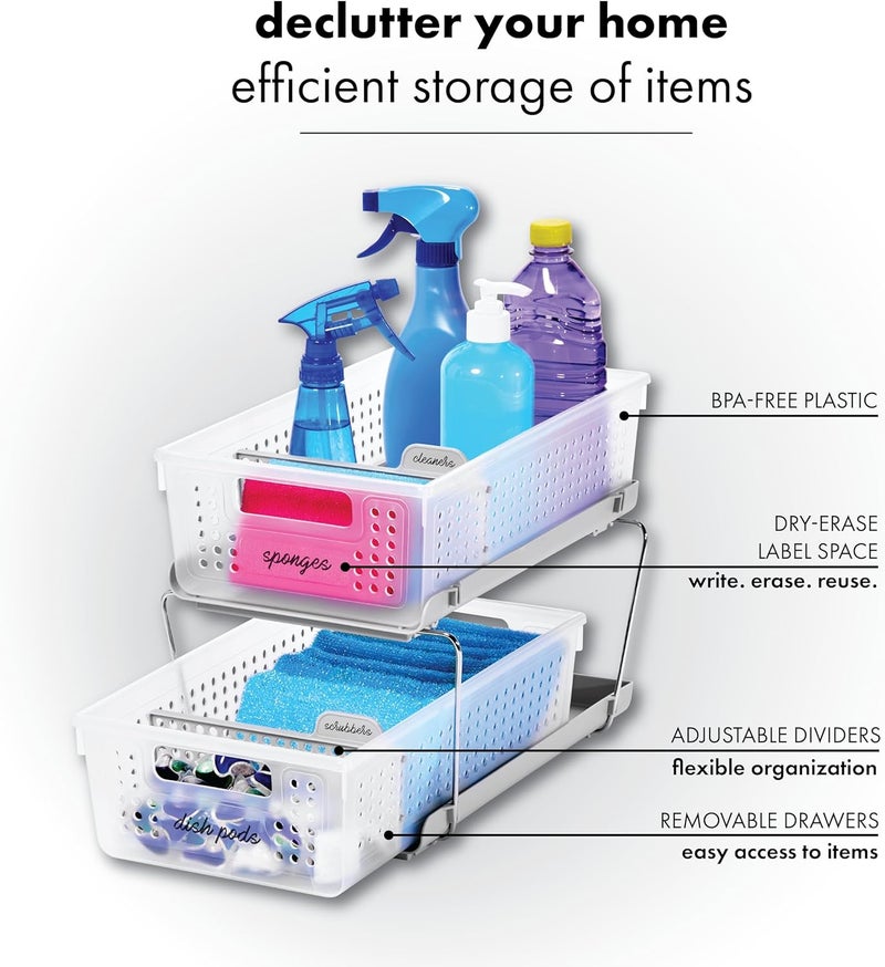 Made Smart Stackable 2-Tier Organizer, 2 Pack, Multi-Purpose Slide-Out Storage with Extra Set of Legs, Handles and Dividers for Home and Bath, BPA Free, Frost 2 PACK - Image 4